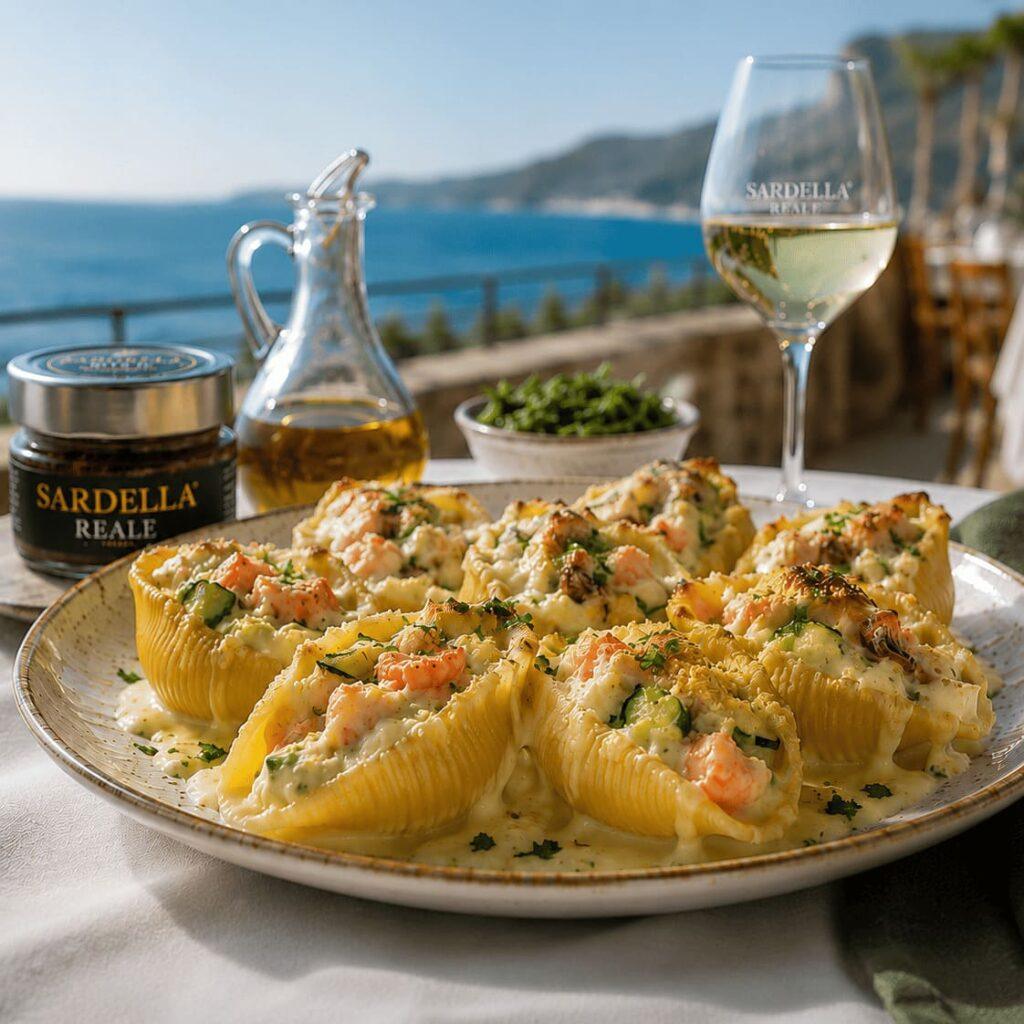Conchiglioni con Zucchine Gamberoni e Sardella Reale ricette mater calabria primi piatti antipasti recipes