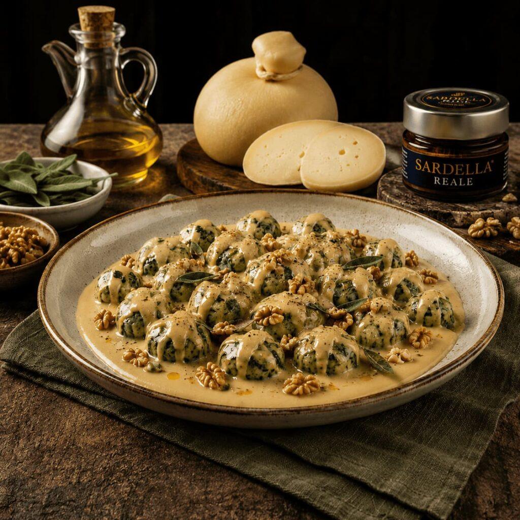 gnocchi di ricotta e spinaci con fonduta e Sardella Reale ricette mater calabria primi piatti antipasti recipes