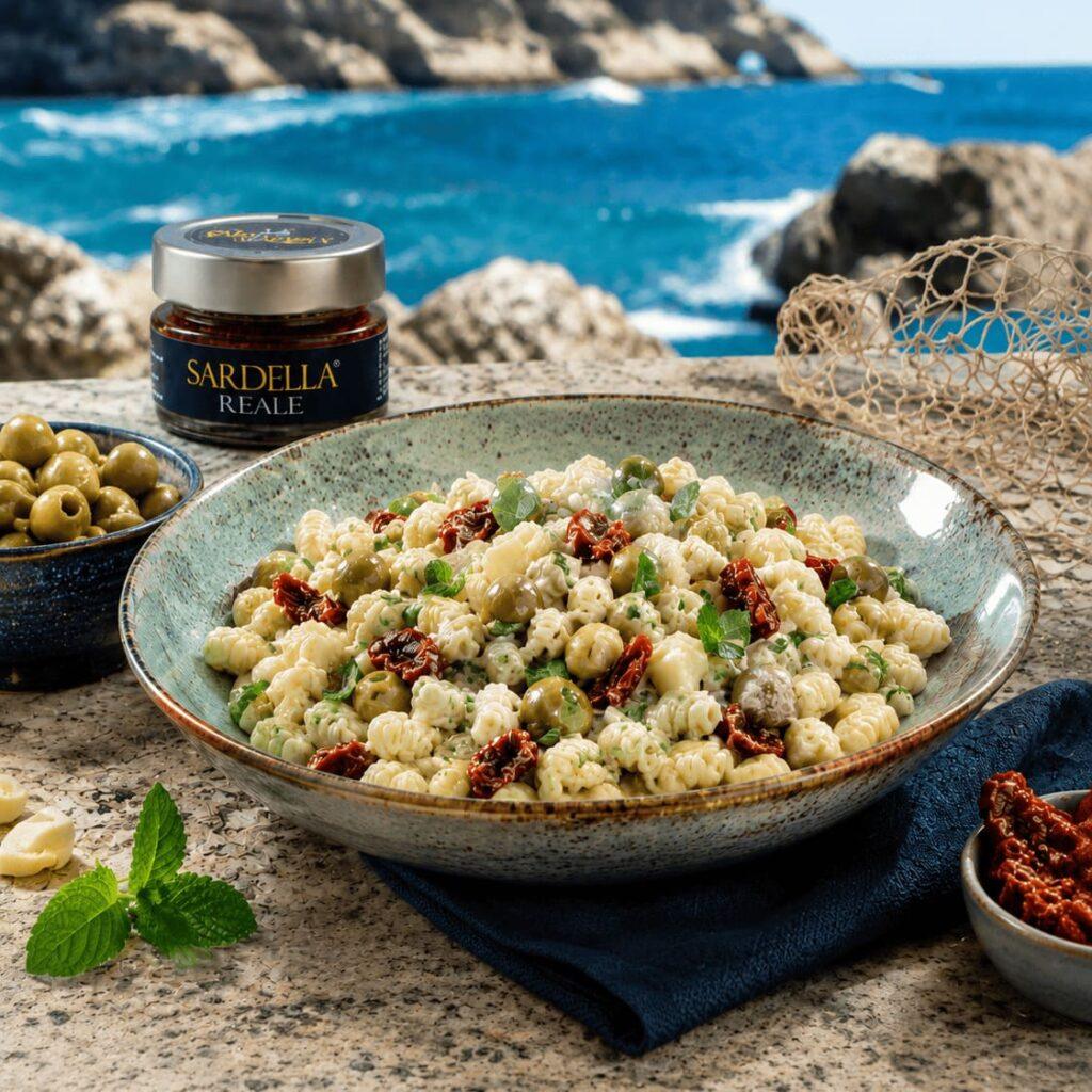 insalata di pasta fredda con Sardella Reale e pomodori secchi e olive ricette mater calabria primi piatti antipasti recipes