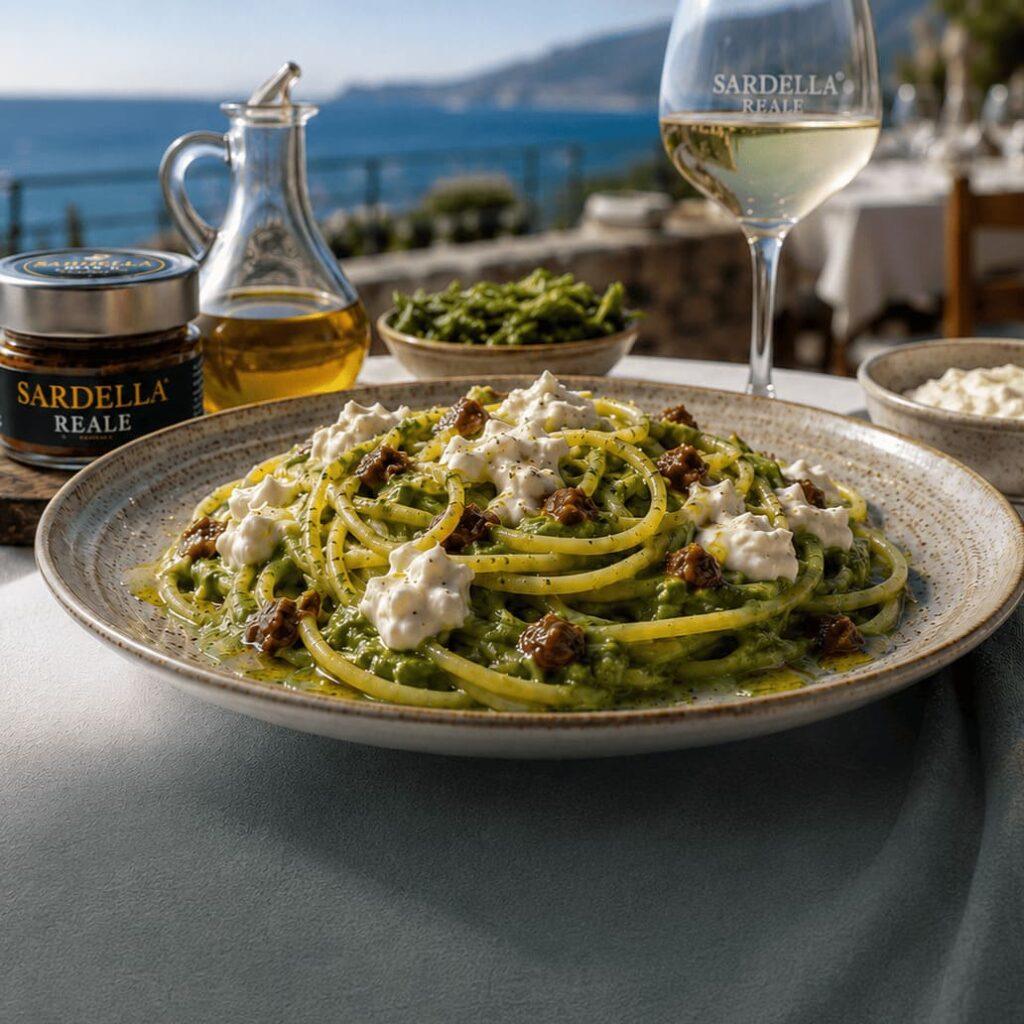 spaghetti con crema di cime di rapa e Sardella Reale ricette mater calabria primi piatti antipasti recipes